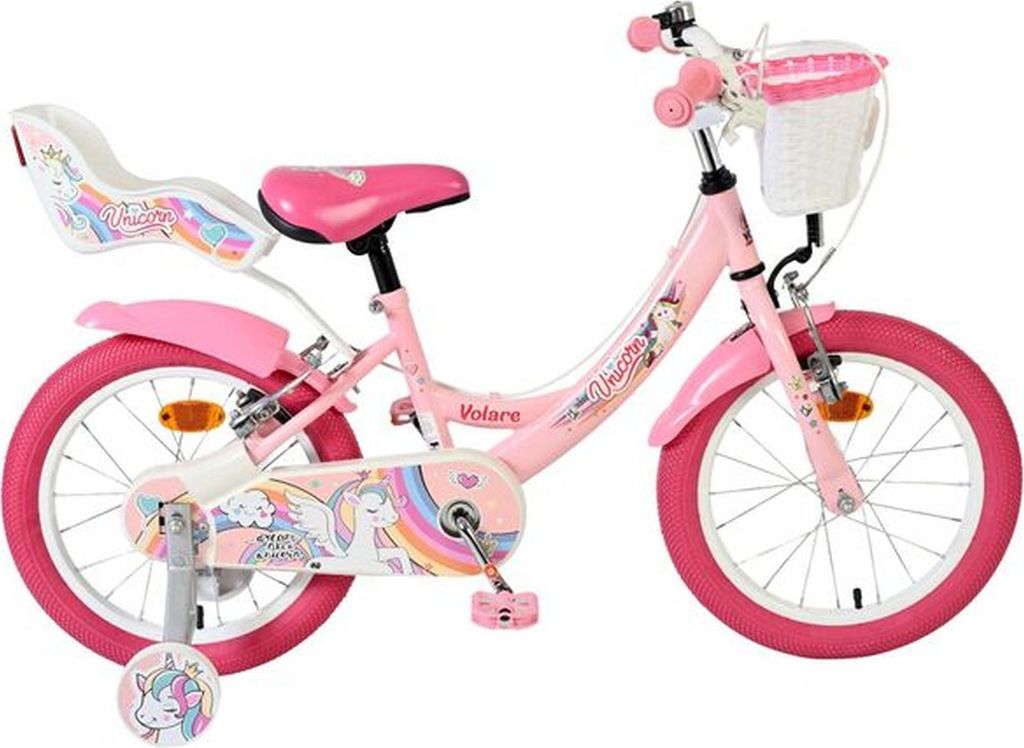 Volare Unicorn Kinderfahrrad - Mädchen - 16 Zoll - Rosa - Zwei Handbremsen