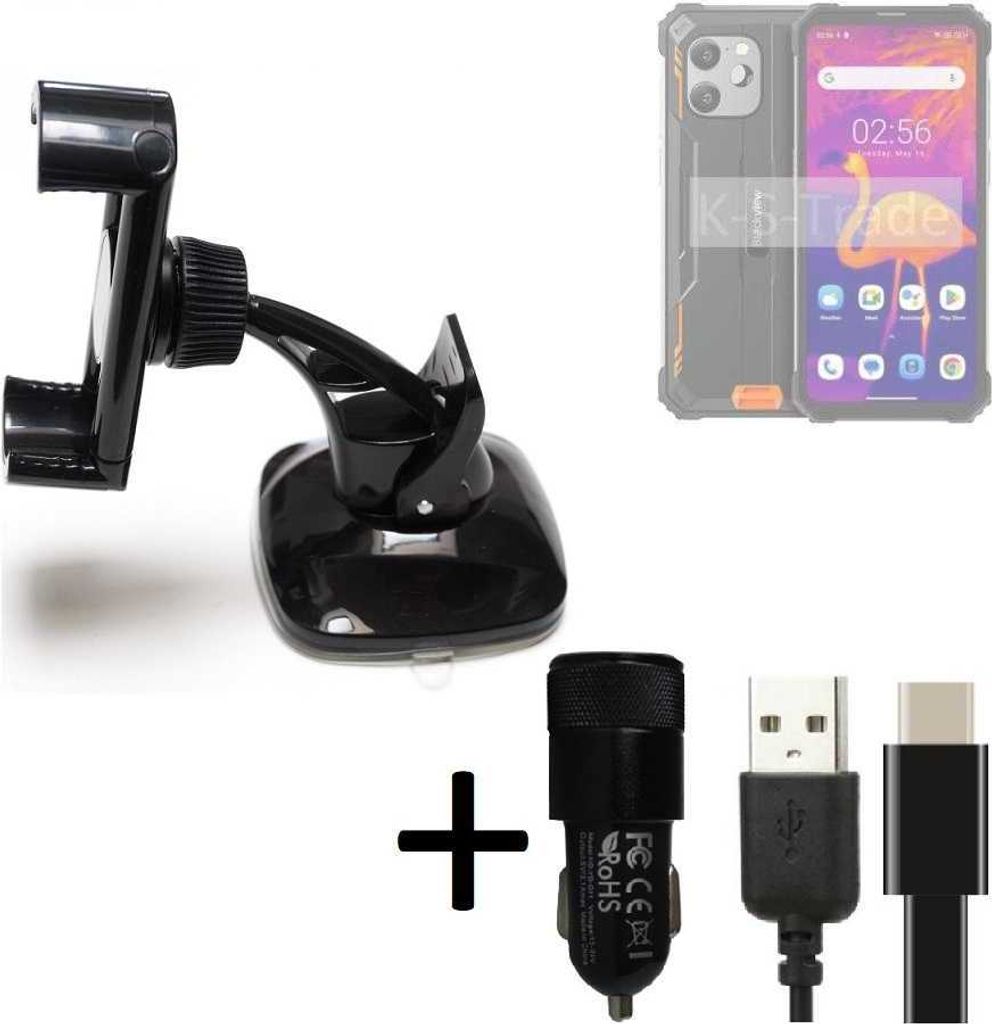 K-S-Trade Handy-Halterung kompatibel mit Blackview BV8900 Windschutzscheibe / Armaturenbrett + LADEGERÄT mit Mico USB Kabel Autohalterung