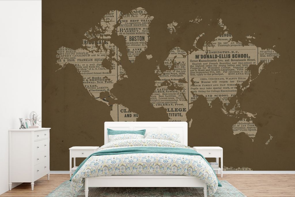MuchoWow Fototapete für Wohnzimmer oder Schlafzimmer Wandtapete Vinyl Motivtapete Weltkarte - Retro - Zeitung - 390x260 cm - Papiertapete
