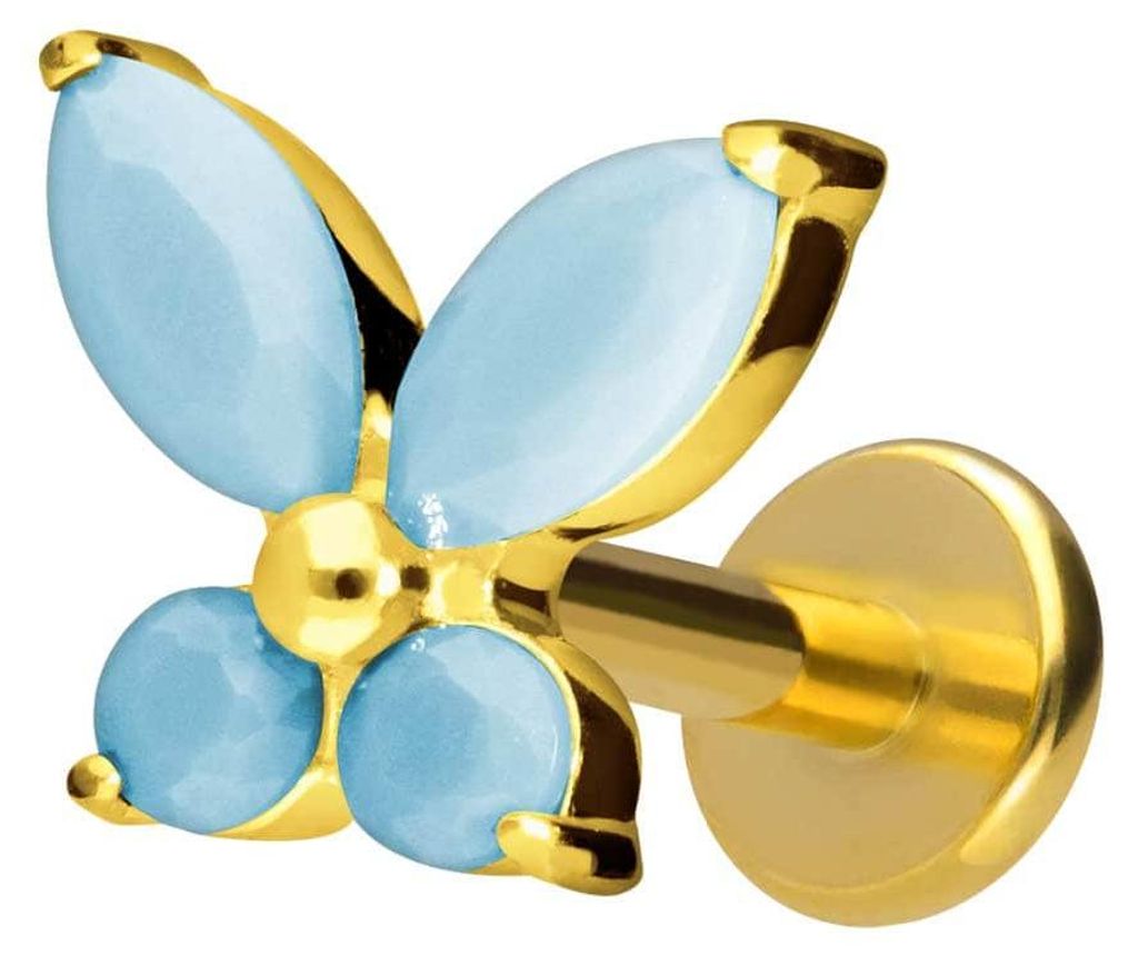 Ohrpiercing, Nasenpiercing Titan Labret mit Innengewinde SCHMETTERLING + SYNTHETISCHE TÜRKISE Gold Stablänge: 10mm | Stabstärke: 1,2mm