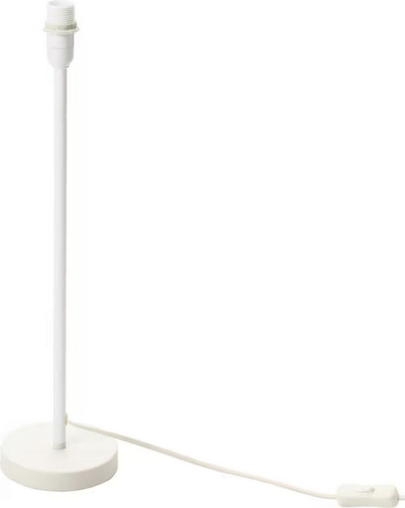 A white table lamp base with a cord and switch on a white background.