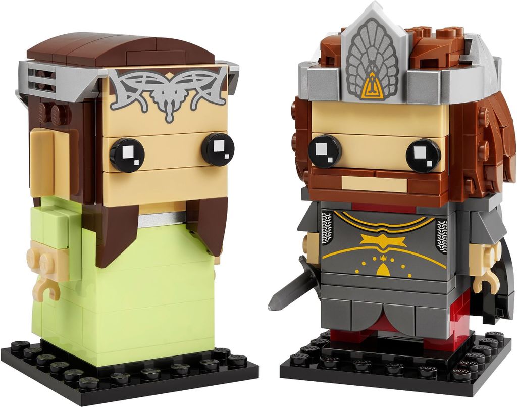Two LEGO BrickHeadz figures, Aragorn and Arwen, are displayed side-by-side on a white background.
