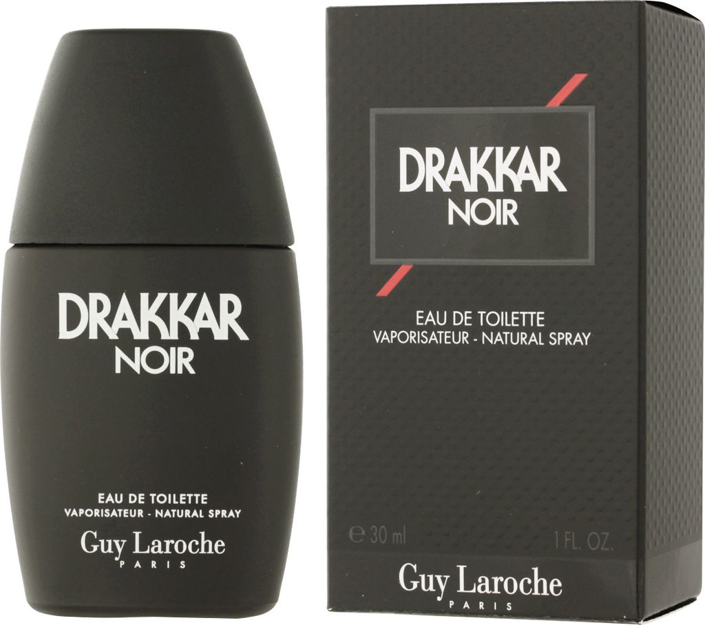 A black bottle of Drakkar Noir cologne and its matching black box packaging are displayed against a white background.