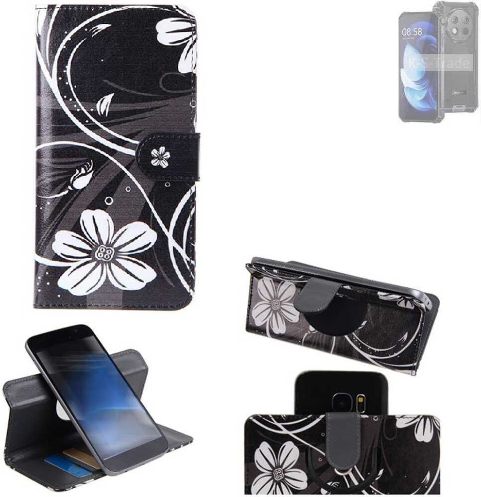 K-S-Trade Schutzhülle Handyhülle kompatibel mit Oukitel WP28 Hülle 360° Wallet Case “Flowers“ Klapphülle Hülle schwarz-weiß 1x