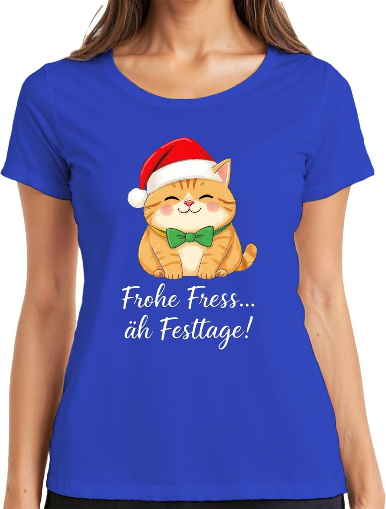 Frohe Fress äh Festtage Katzenliebhaber Katze Weihnachten lustig Damen T-Shirt, Blau, S