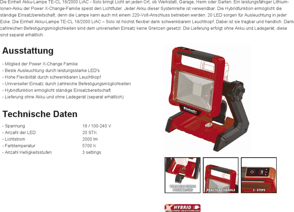 Einhell Akku-LED-Leuchte TE-CL 18/2000 LiAC-Solo 18 V Produktbild 22
