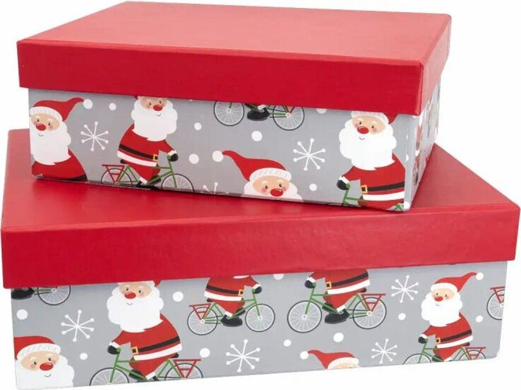 2 Geschenkboxen Santa auf Fahrrad Weihnachten 16x6x12cm; 20x7x15cm Geschenkverpackung