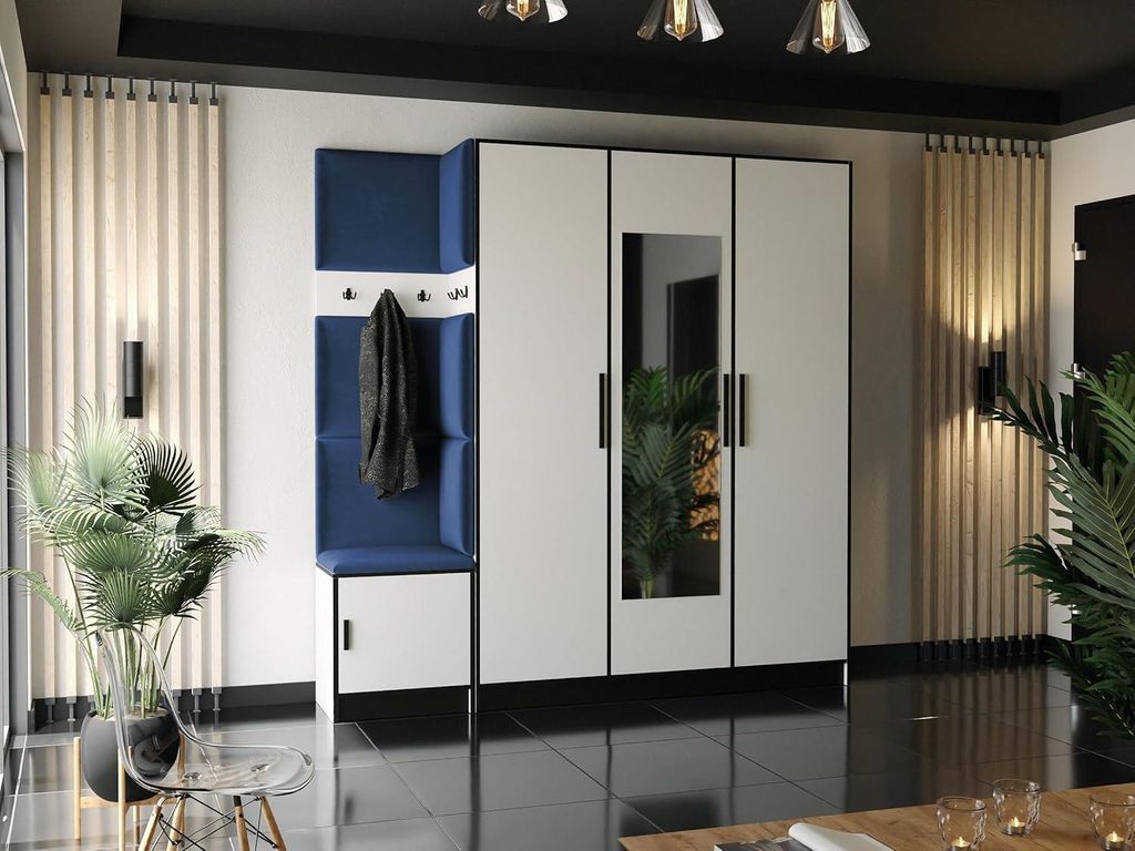 KIER FURNITURE Kleiderschrank, Weiß + Stoff Blau - 209,6x205x39cm