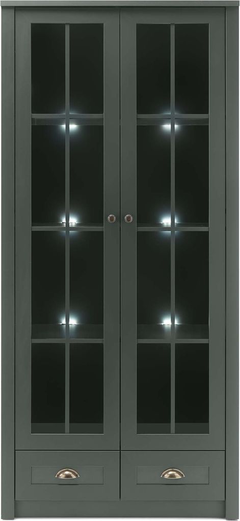 2-türige Vitrine Ascot - Landhaus Grün mit Rückwandbeleuchtung