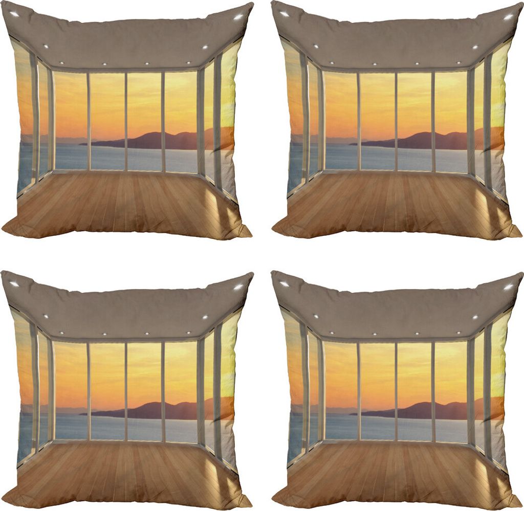 ABAKUHAUS Landschaft Kissenbezug Set (4 Stück), Haus mit Berg Ozean, Moderner Doppelseitiger Digitaldruck, 40 cm x 40 cm, Pale Brown Marigold