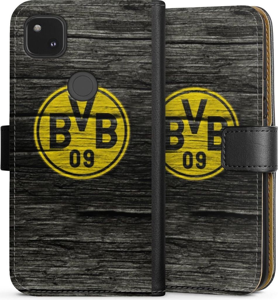 DeinDesign Klapphülle für Google Pixel 4a Handytasche Lederhülle Tasche BVB Borussia Dortmund Holzoptik