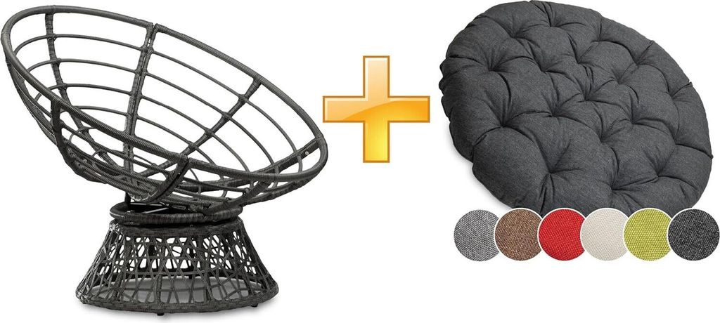 sunnypillow Papasansessel | Rattansessel mit Kissen rund Durchmesser 120 cm | gemütlicher Loungesessel drehbar für Wohnzimmer | Anthrazit