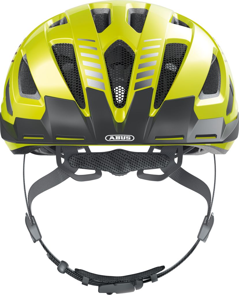 A rear view of a yellow and black bicycle helmet.