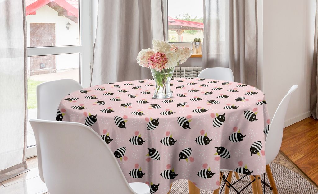 ABAKUHAUS skandinavisch Runde Tischdecke, Cartoon-Stil Bees, Kreis Tischdecke Abdeckung für Esszimmer Küche Dekoration, 150 cm, Pale Pink und Sch...