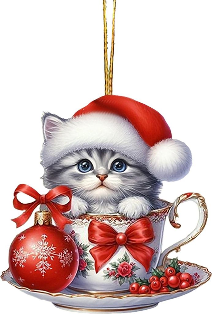 Acryl-Teetassen-Katzen-Hängeornamente, niedliche Cartoon-Katze, Weihnachtsbaumschmuck, 2D-flacher Auto-Spiegel-Anhänger für die Weihnachtsbaumde...