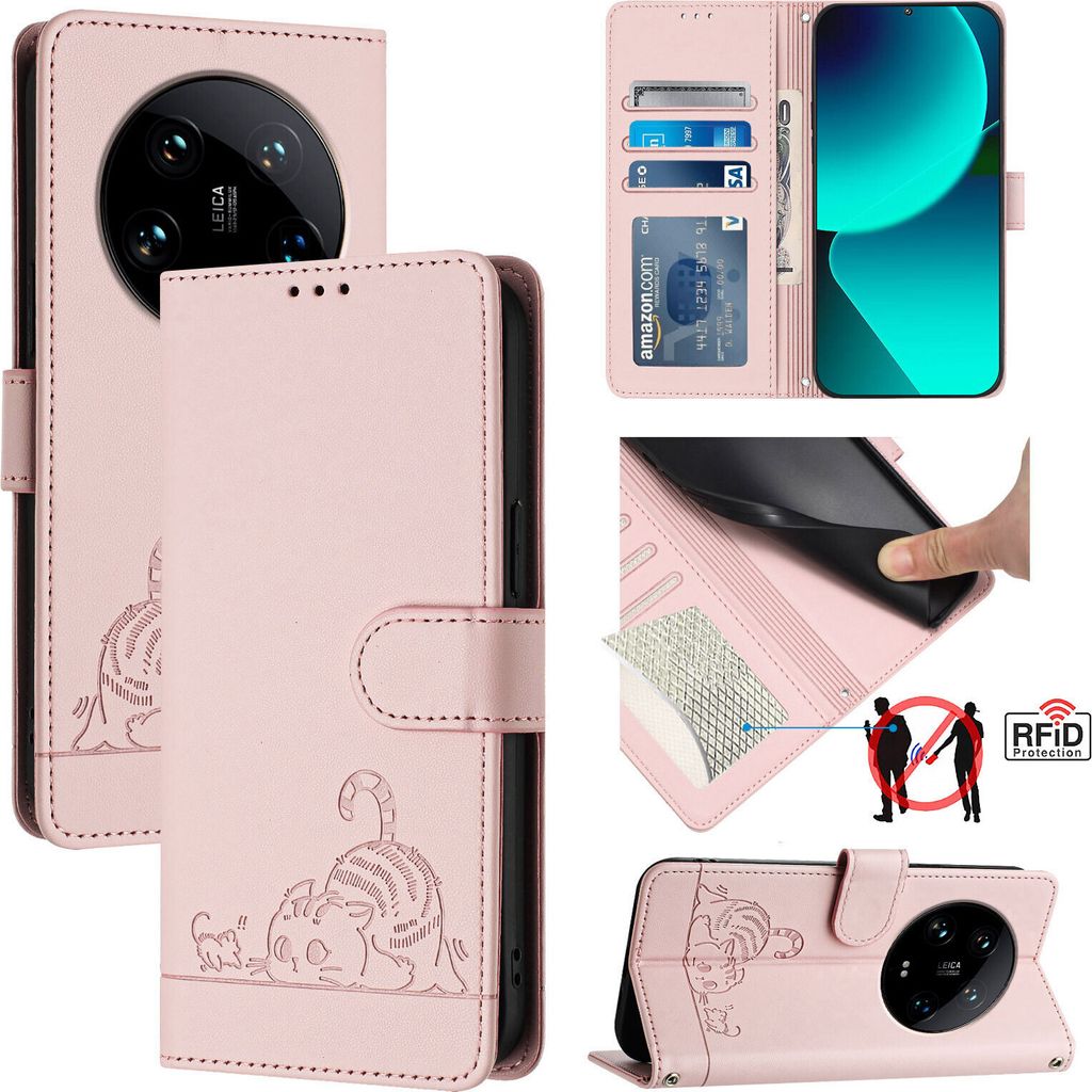 Leder Hülle für Xiaomi 14 Ultra Süße Katze Flip Case Brieftasche Schutzhülle mit Standfunktion Pink