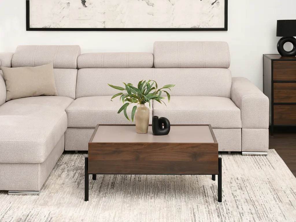 Table basse rectangulaire en bois de noyer et tiroir couleur beige - 3