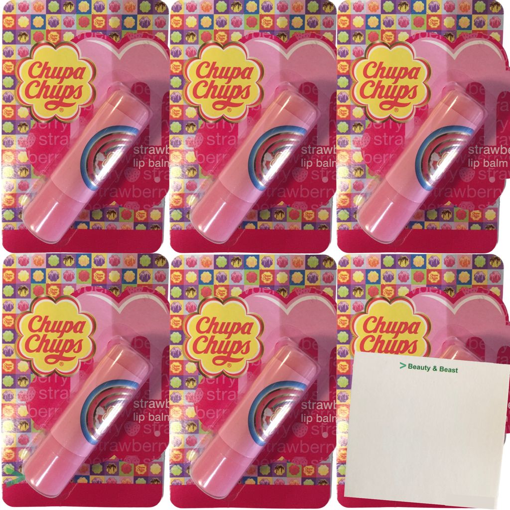Chupa Chups Strawberry Lippenbalsam Lippenpflege Lip Balm Erdbeere (6er Pack) + usy Block