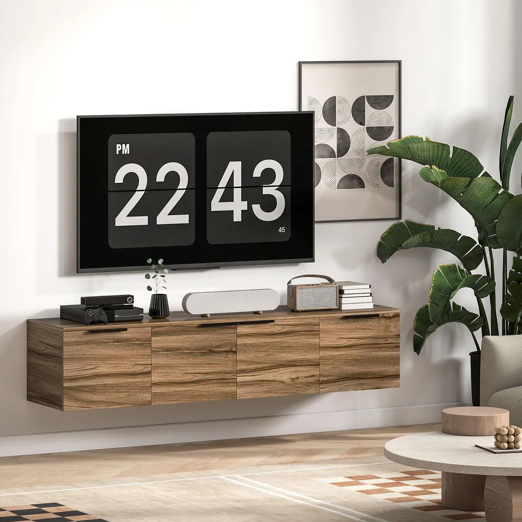 Banc TV Mural Design 150 cm avec Rangements Fermés Finition Chêne Brun