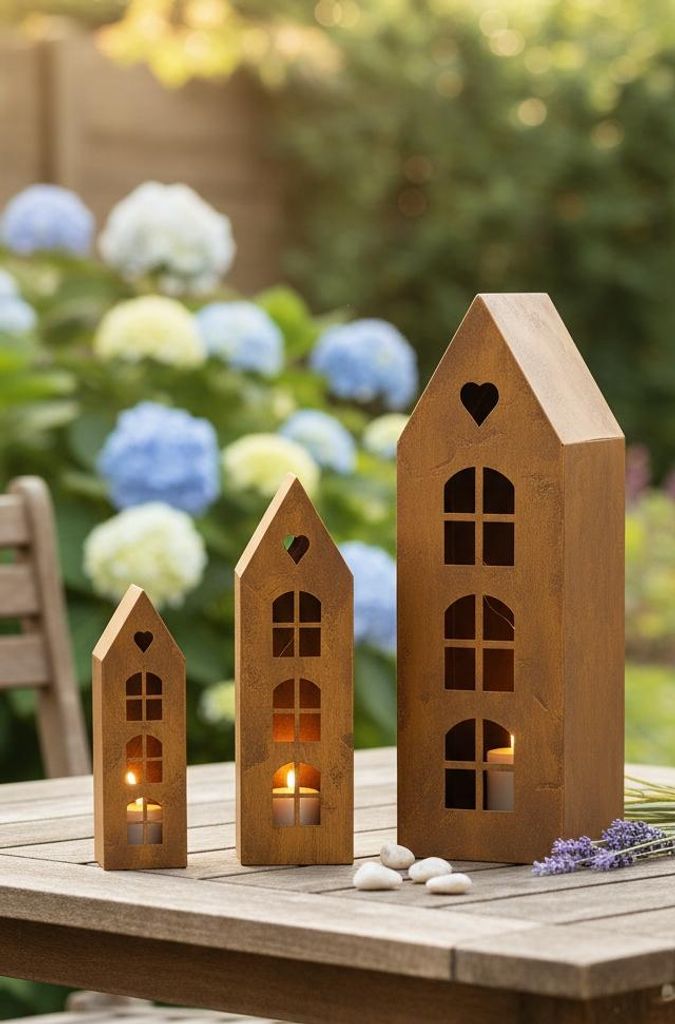 Dekorative Laterne in Hausform mit Herz und Rost-Finish - Corten-Effekt – ideal für LED