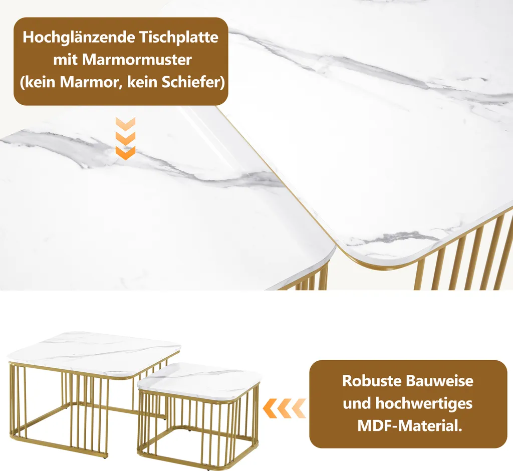 Table d'Appoint Haute Brillance Effet Marbre et Cadre Métal Robuste