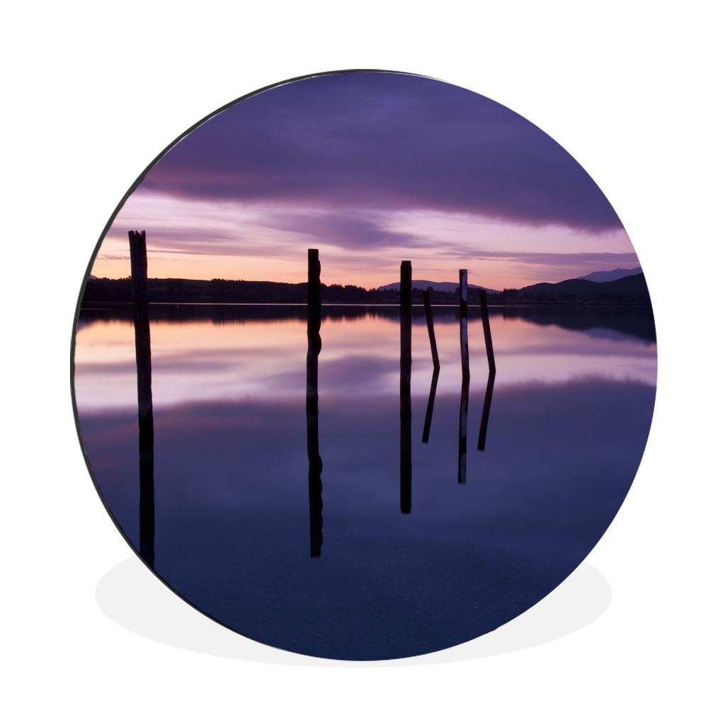 MuchoWow Aluminium Wandkreis Lila Sonnenuntergang über dem Lake Te Anaum in Neuseeland Ø 30 cm Wanddeko Modern Wohnzimmer - Wand Bild - Wohnzim...