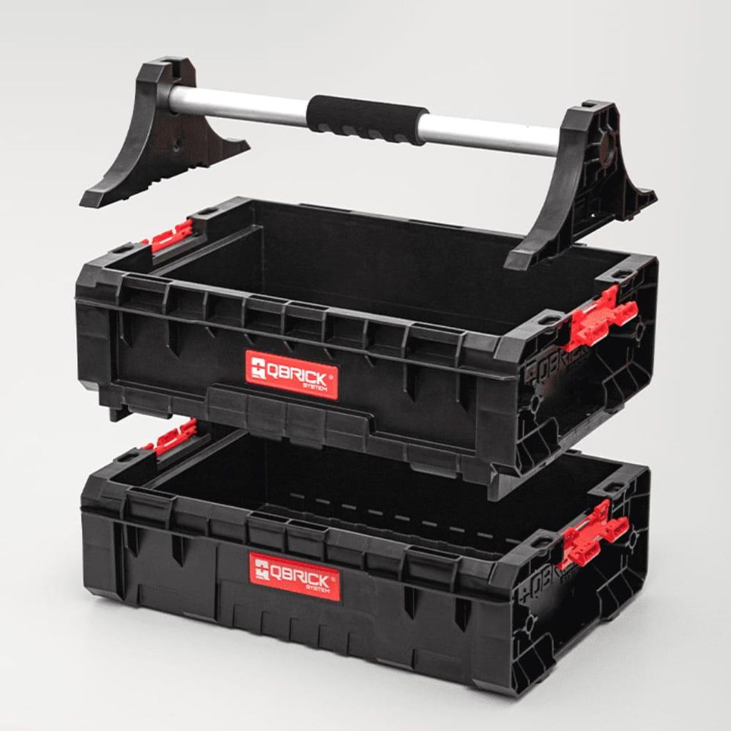 A modular toolbox with two stacked compartments and a silver handle.