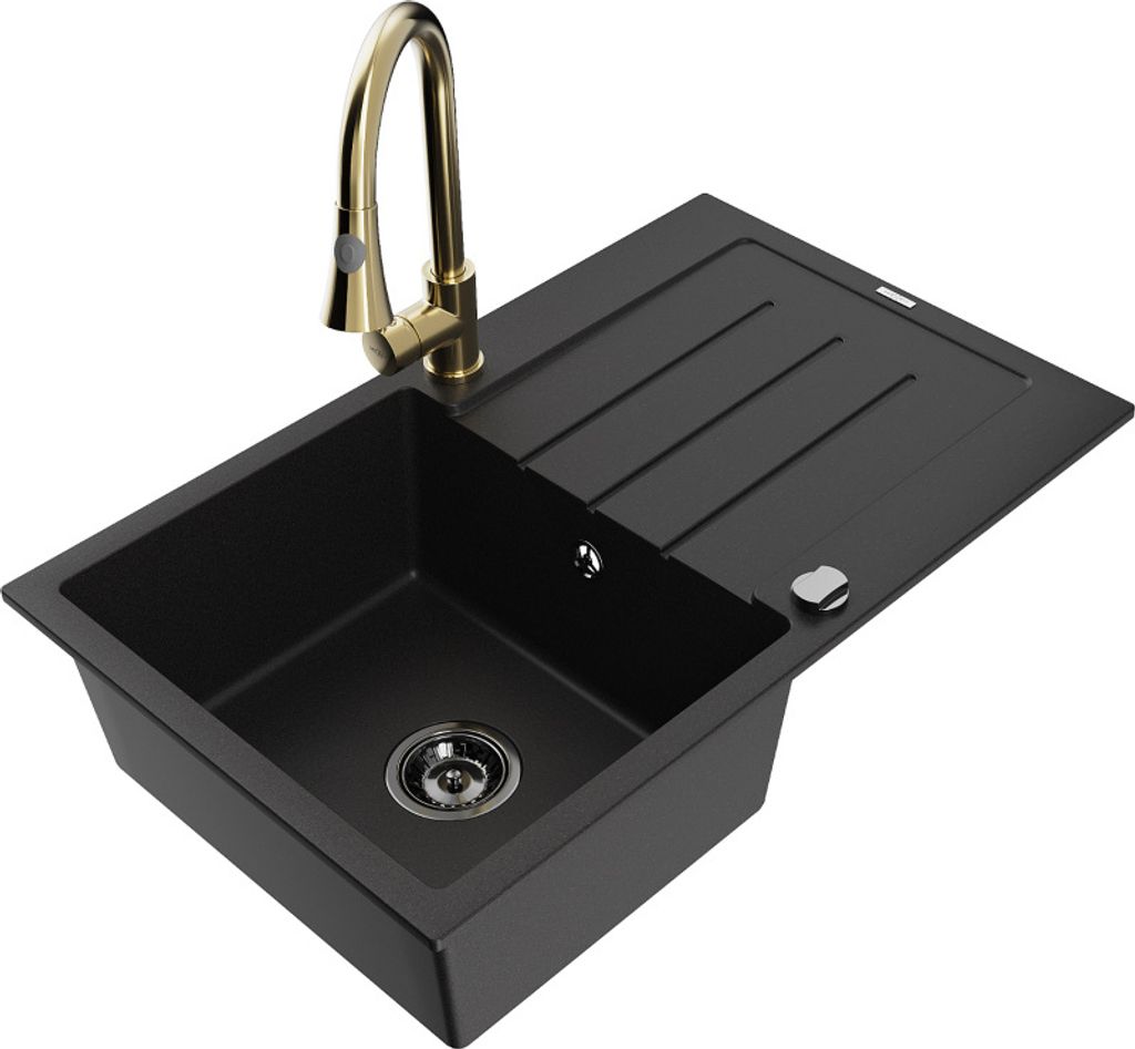 Mexen Bruno 1 Becken-Granitspüle mit Abtropffläche und Mischbatterie Elia, Schwarz - 6513-77-670101-50-B