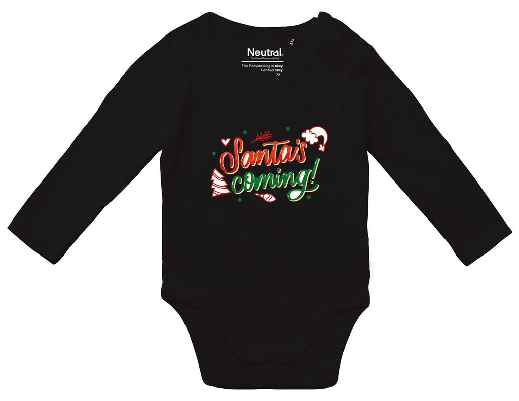 Huuraa Baby Body Santa is Coming Schriftzug 68 Black Baumwolle Fairtrade Langarmbody Geschenkidee