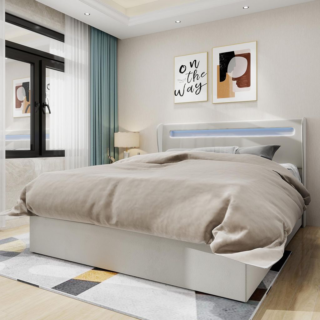 Sweiko Modern Minimalist Upholstered Bed with Soft LED-Integrated Headboard, 160x200 cm, Beige, Multifunctional Bedroom Furniture, High-Profile Sto...