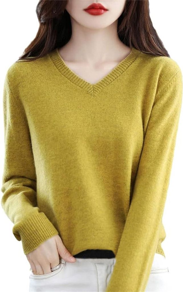 ASKSA Damen Wolle V-Ausschnitt Pullover Leicht Sweater Elegant Strickpullover Slim Fit Warm Pulli Basic Sweatshirt, Gelb, 2XL