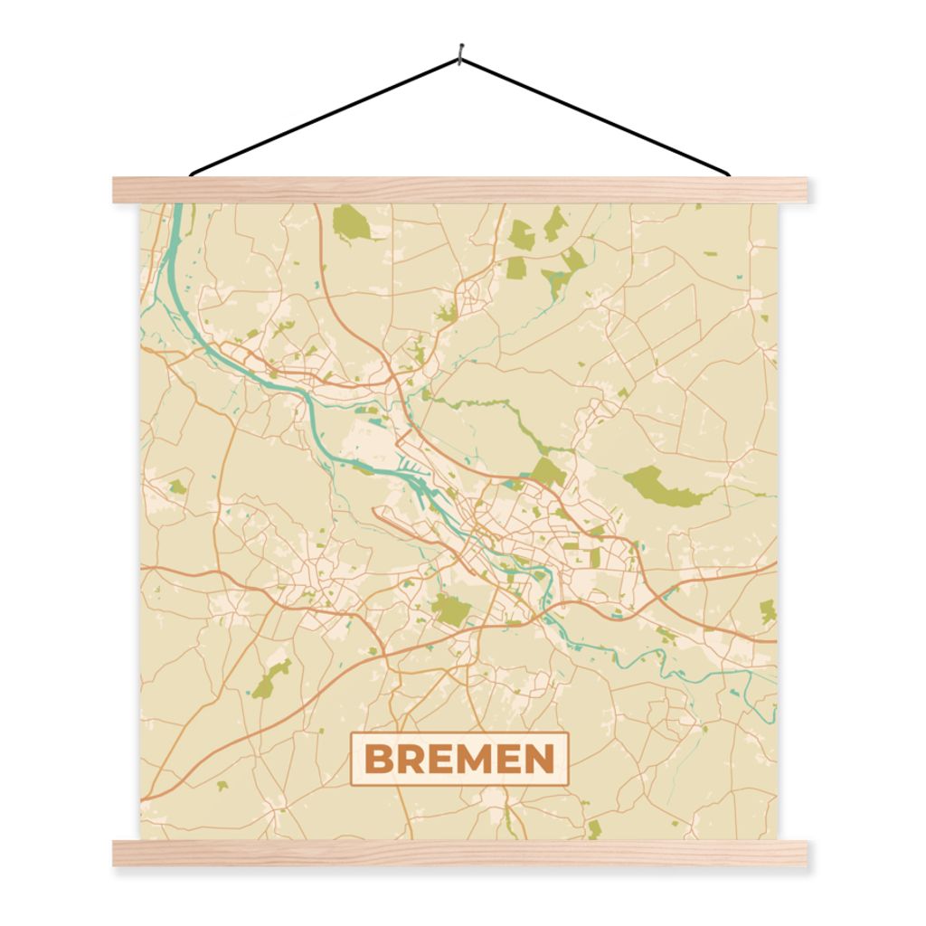MuchoWow Textilposter Karte - Jahrgang - Bremen - Stadtplan 60x60 cm mit holzfarbenen Rahmen - Wanddekoration