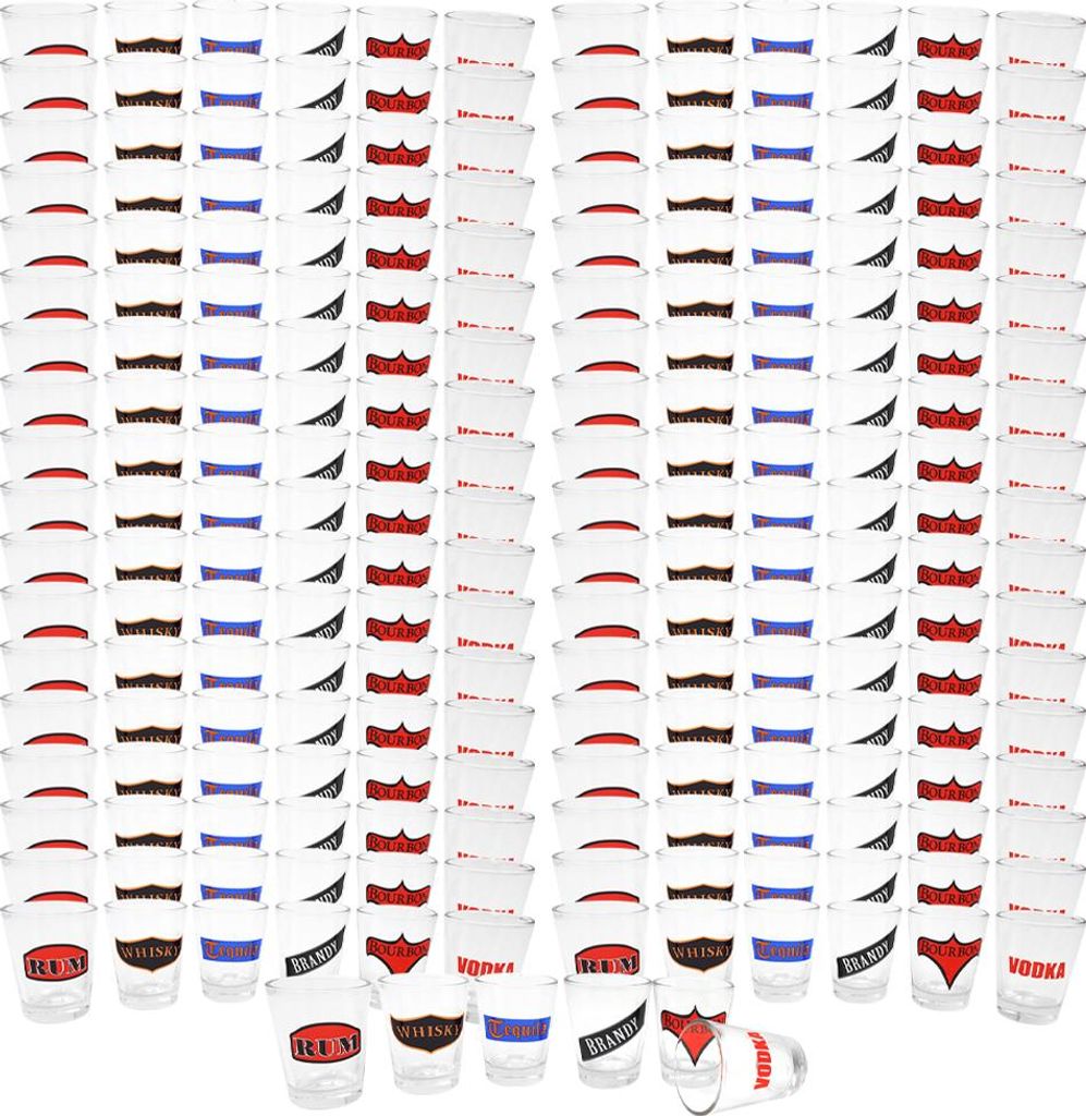 com-four 216x Schnapsglas - Stamper-Set - Likörstamper je 45 ml - Schnapsstamper mit 6 Aufdrucken - Likörgläser für Kurze, Trinkspiele, Party...