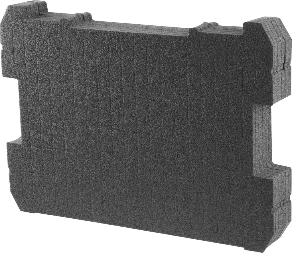 A black foam insert for a tool box.