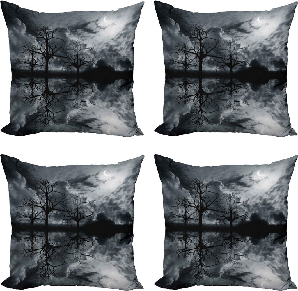 ABAKUHAUS Landschaft Kissenbezug Set (4 Stück), Bäume Nacht Himmel Wolke, Moderner Doppelseitiger Digitaldruck, 50 cm x 50 cm, Schwarz Weiß Grau