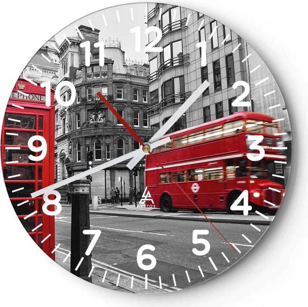 Wanduhr - Rund - Glasuhr - Bus Telefon Straße - 40x40cm - Schleichendes Uhrwerk - Lautlos - zum Aufhängen bereit - Dekoration Modern - Wanddekora...