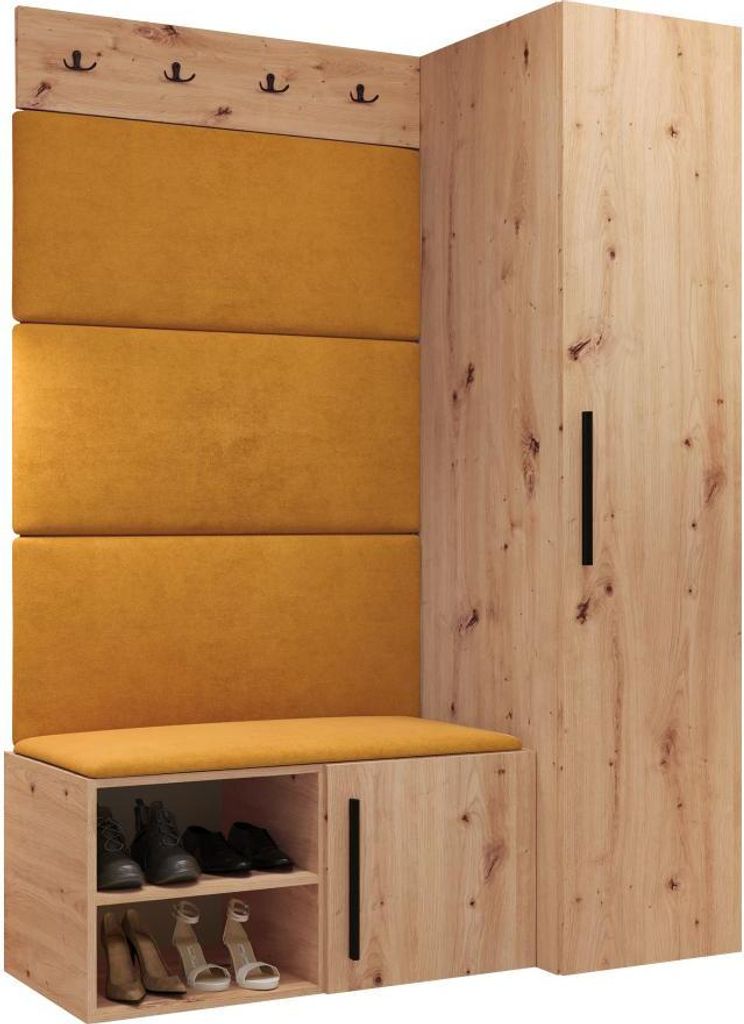 MIRJAN24 Garderoben-Set Medi II, Schuhschrank, Kleiderhakenbrett, 4x Paneel 84x42, 4 Kleiderhaken (Farbe: Artisan Eiche, Manila 32)