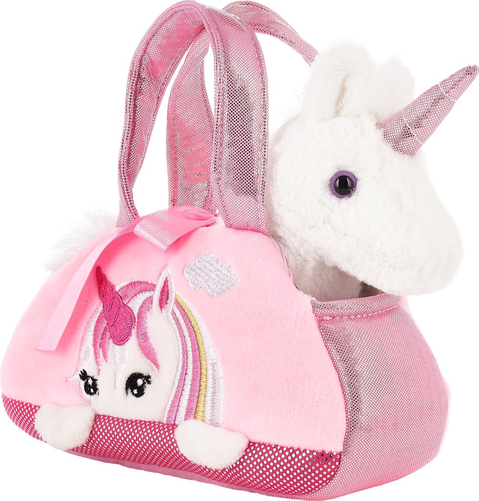 A plush unicorn toy peeking out of a pink handbag.