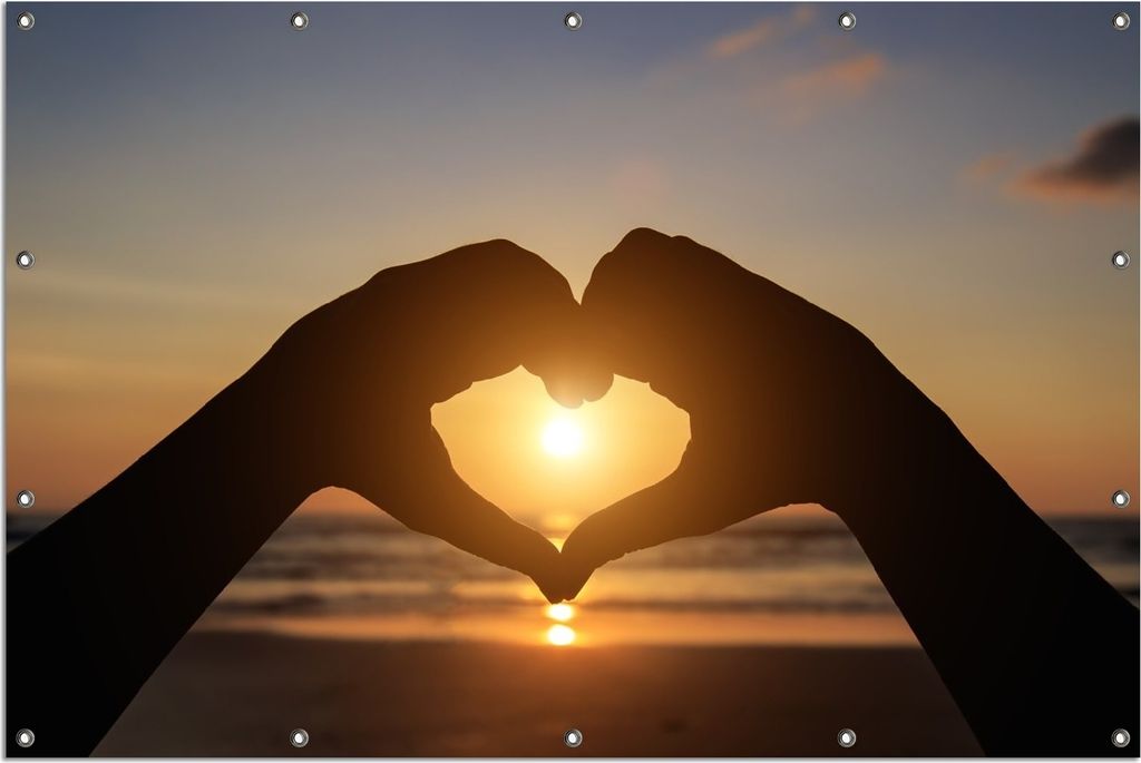 Wallario Outdoor-Poster für Garten oder Balkon, Motiv Liebe im Herzen der Sonne - Strand und Meer, in ca. 120 x 180 cm