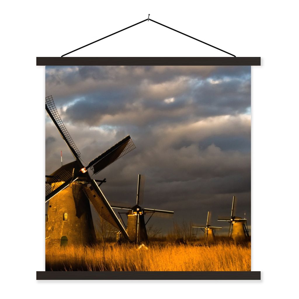 MuchoWow Textilposter Mühle - Nacht - Niederlande 40x40 cm mit schwarzem Rahmen - Fotos