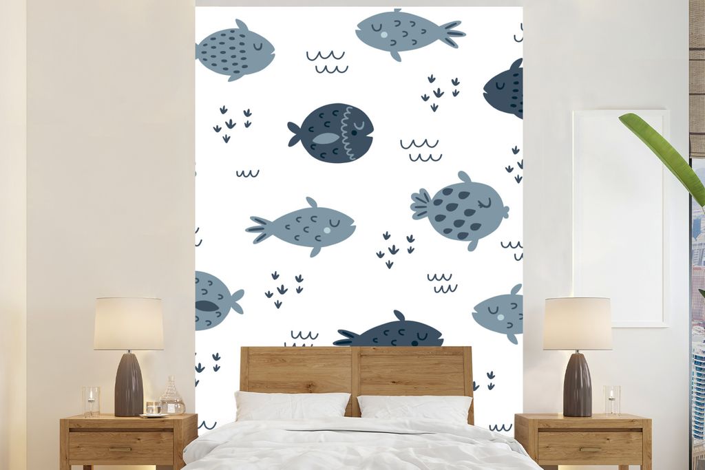 MuchoWow Fototapete für Wohnzimmer oder Schlafzimmer Wandtapete Vinyl Motivtapete Fisch - Muster - Kinder - Jungen - Mädchen - Baby - 200x300 c...
