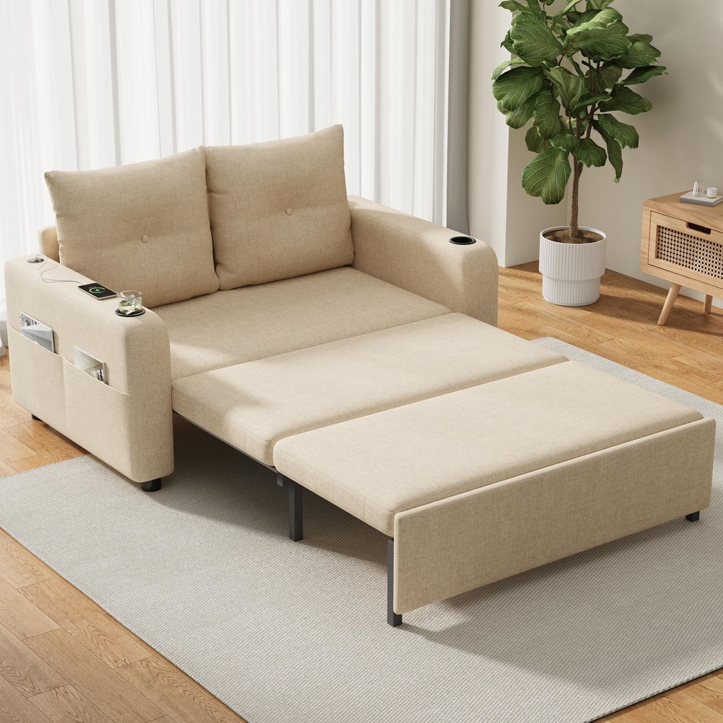 okwish Ausziehbares Schlafsofa Klappsofa mit 2 Getränkehaltern,Doppelsitz-Sofa Chaiselongue mit Schlaf-Funktion,Relaxsofa mit Kissen und Seitentas...
