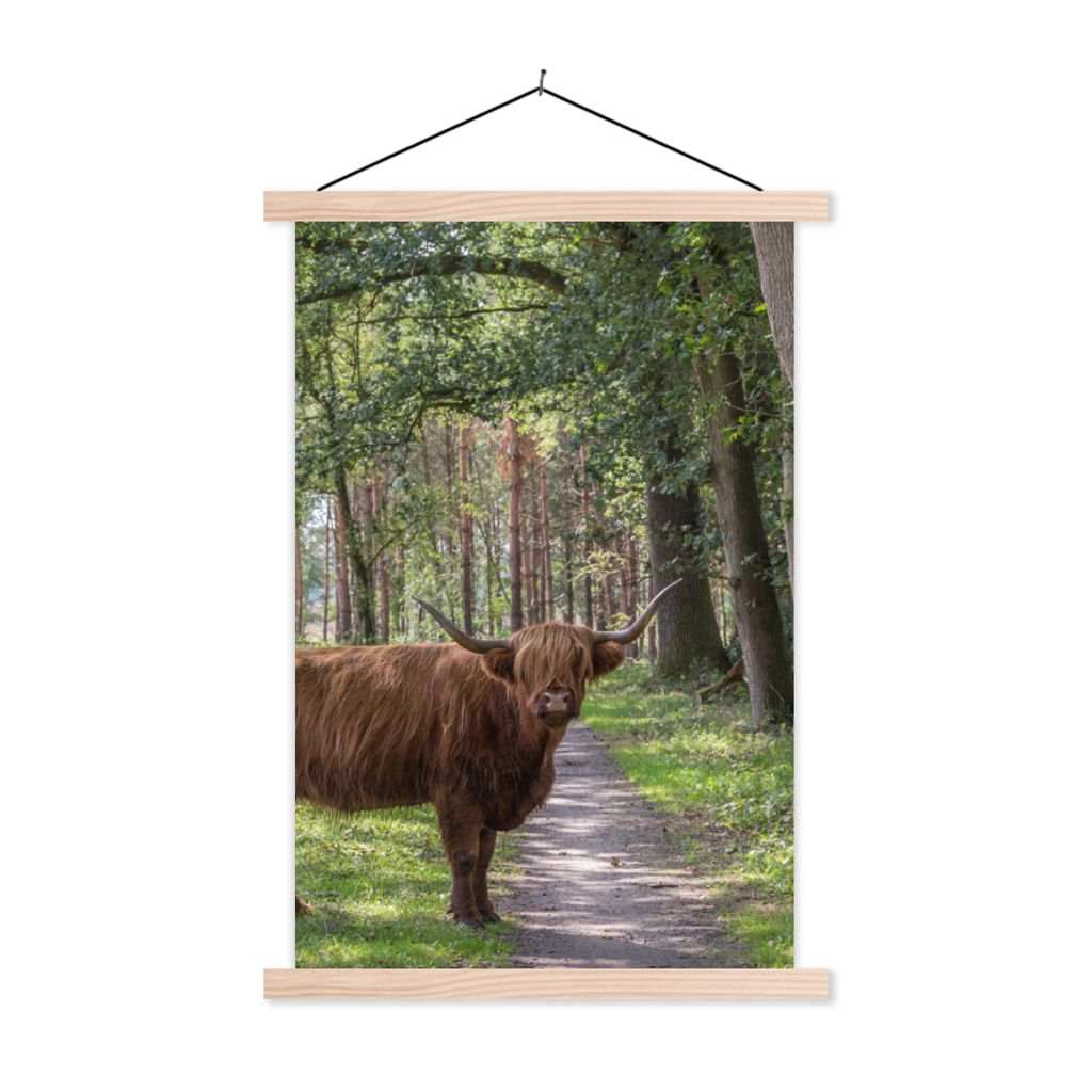 MuchoWow Textilposter Schottischer Highlander - Kröte - Baum 120x180 cm mit holzfarbenen Rahmen - Textil-Plakat