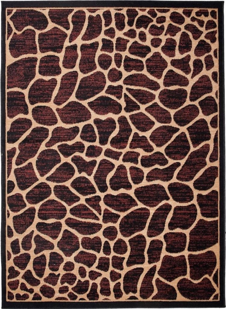 A close-up view of a rug with a giraffe pattern.