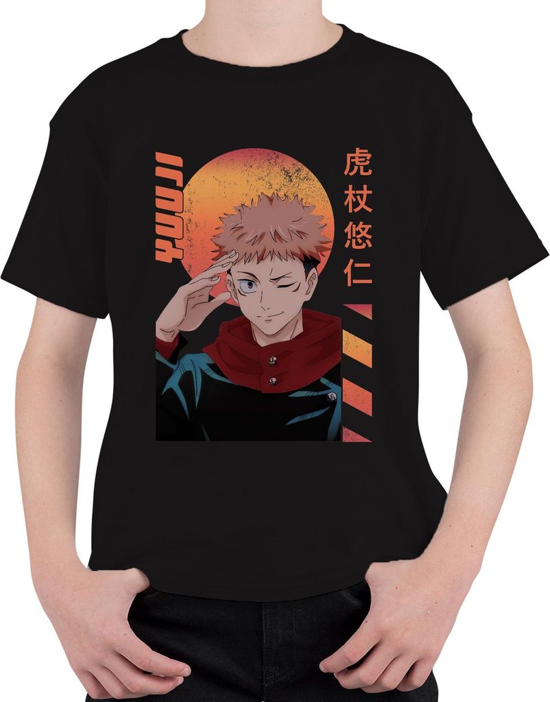 Jujutsu Kaisen Itadori Yuji zwinkernd Anime Geschenk Retro Uni Kinder T-Shirt, Schwarz, 128