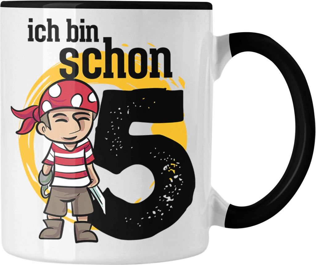 Trendation - 5ter Geburtstag Geschenkidee für Jungs Piraten-Tasse zum 5. Geburtstag (Schwarz)