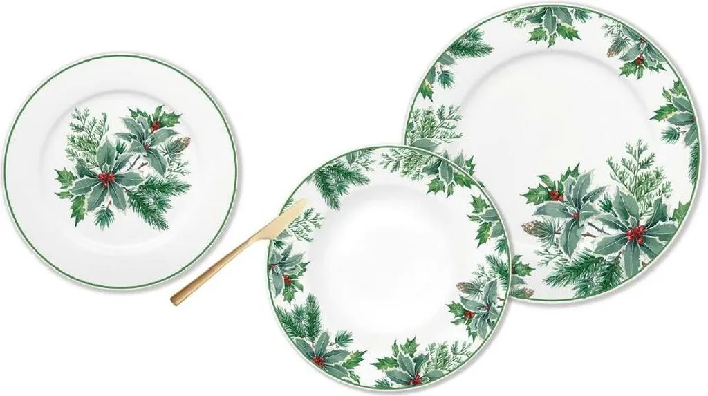 Assiettes en Porcelaine Motif Feuille de Noël 27cm Service 18 Pièces DKD