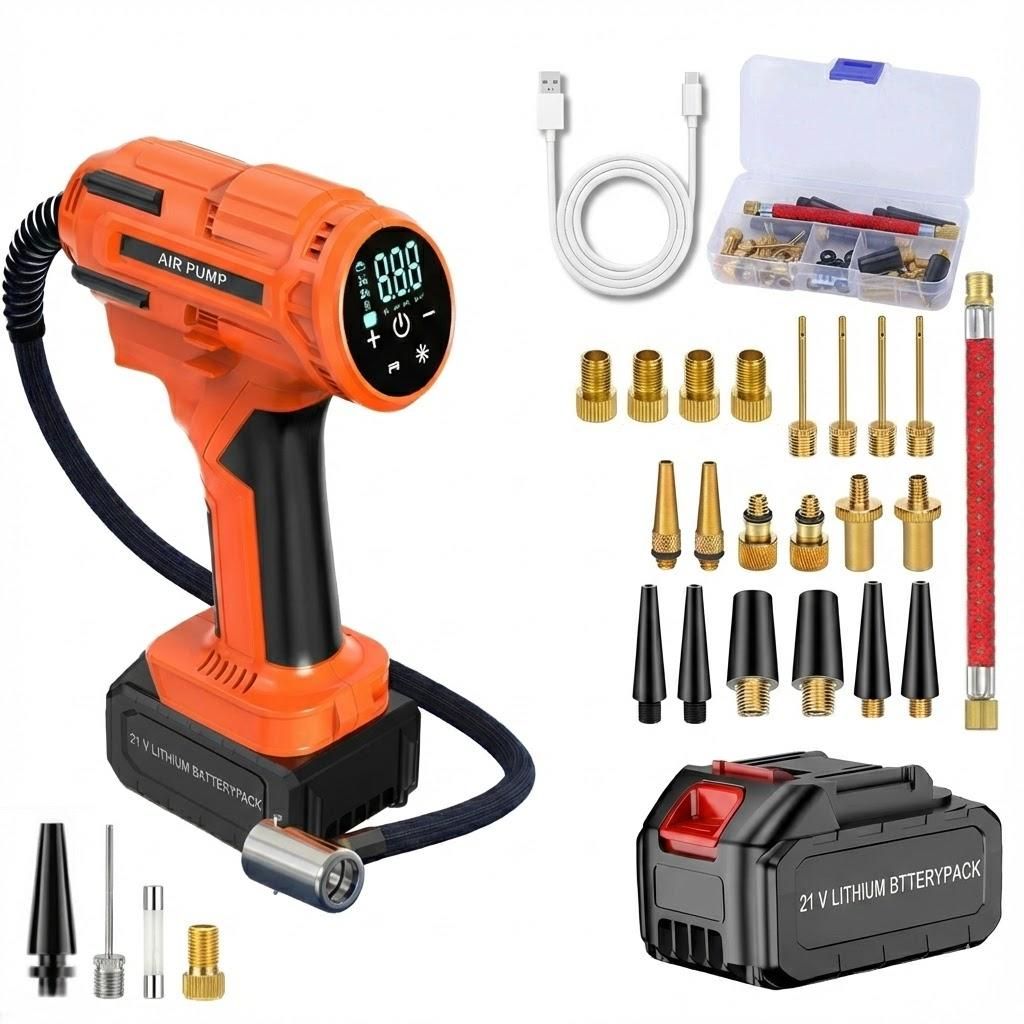 Tragbarer Akku Kompressor mit 3000mAh Akku, 21-teiliges Set, 150PSI, Auto-Off, LED Lampe, Luftpumpe für Auto, Fahrrad, Bälle, Elektrische Luftpumpe