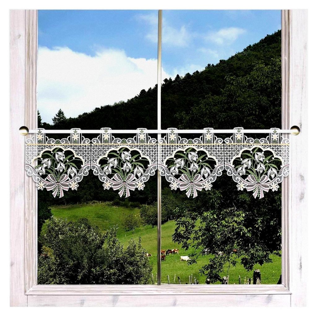 Scheibengardine Schneeglöckchen weiß | Fenster-Deko mit Vogtländischer Spitze | Kurzgardine für Frühjahr und Ostern | Blumenstickerei Frühbl...