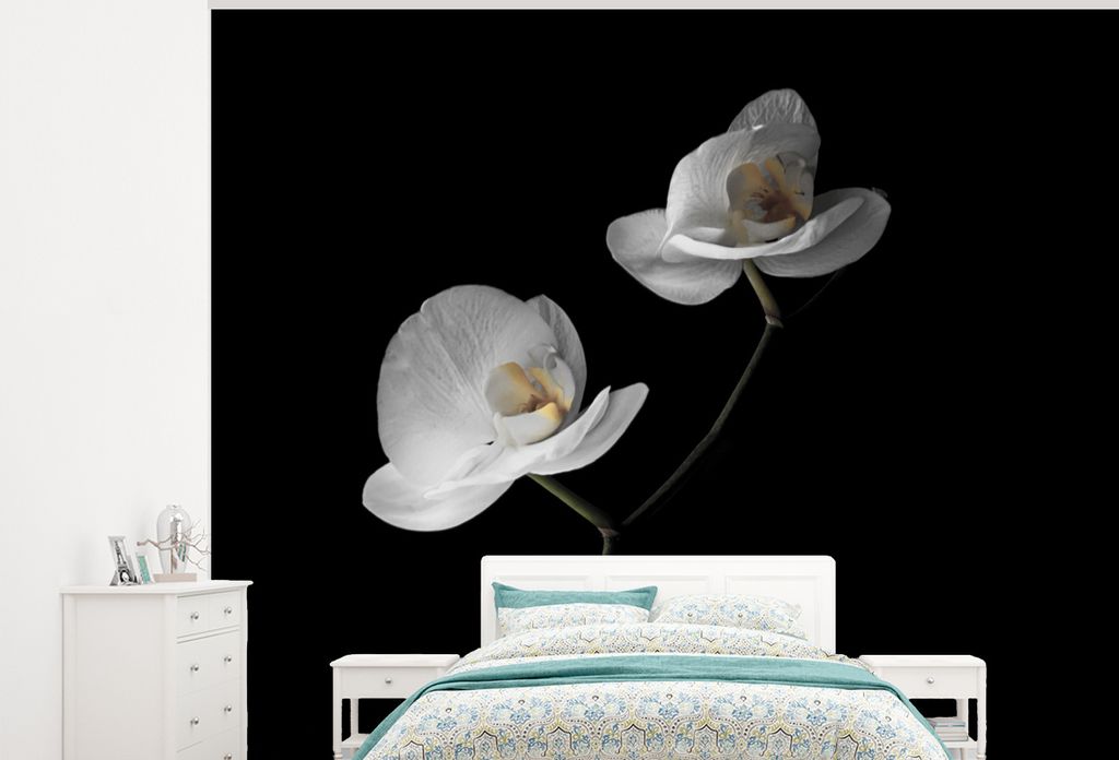 MuchoWow Fototapete für Wohnzimmer oder Schlafzimmer Wandtapete Vinyl Motivtapete Orchidee - Blumen - Schwarz - Weiß - Stilleben - 300x240 cm -...